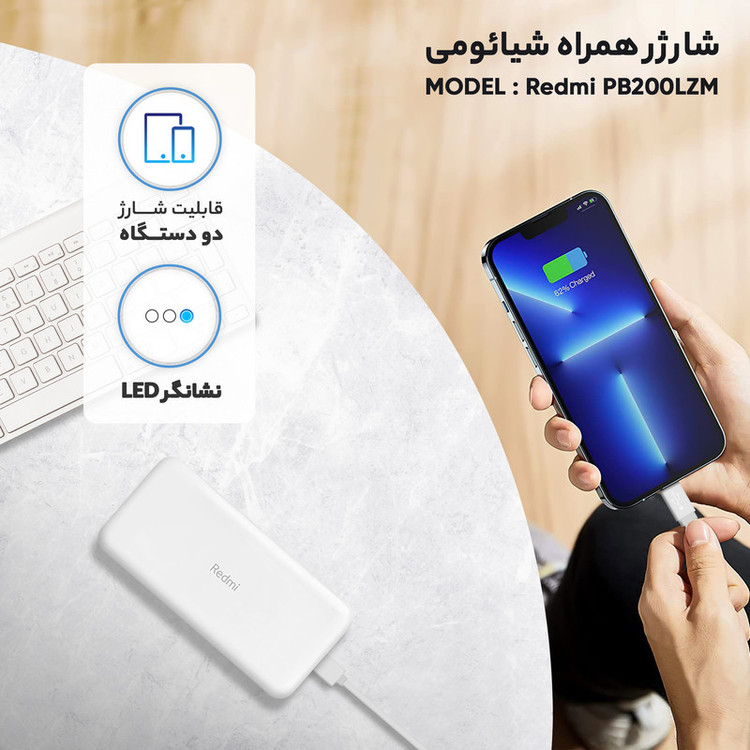 پاور بانک شیائومی مدل Redmi PB200LZM ظرفیت 20000 میلی آمپر ساعت