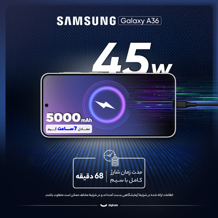 گوشی موبایل سامسونگ مدل Galaxy A36 دو سیم کارت ظرفیت 256 گیگابایت و رم 8 گیگابایت - ویتنام - به همراه شارژر 25 وات سامسونگ